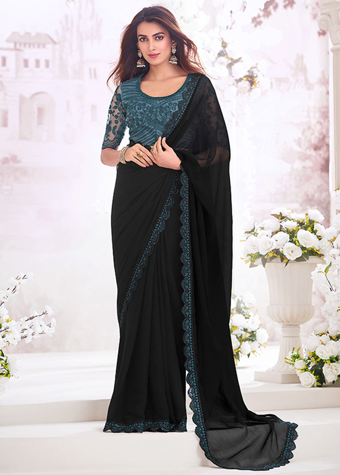 Black Chiffon Silk Saree With Blouse Piece Clearance 100% Original