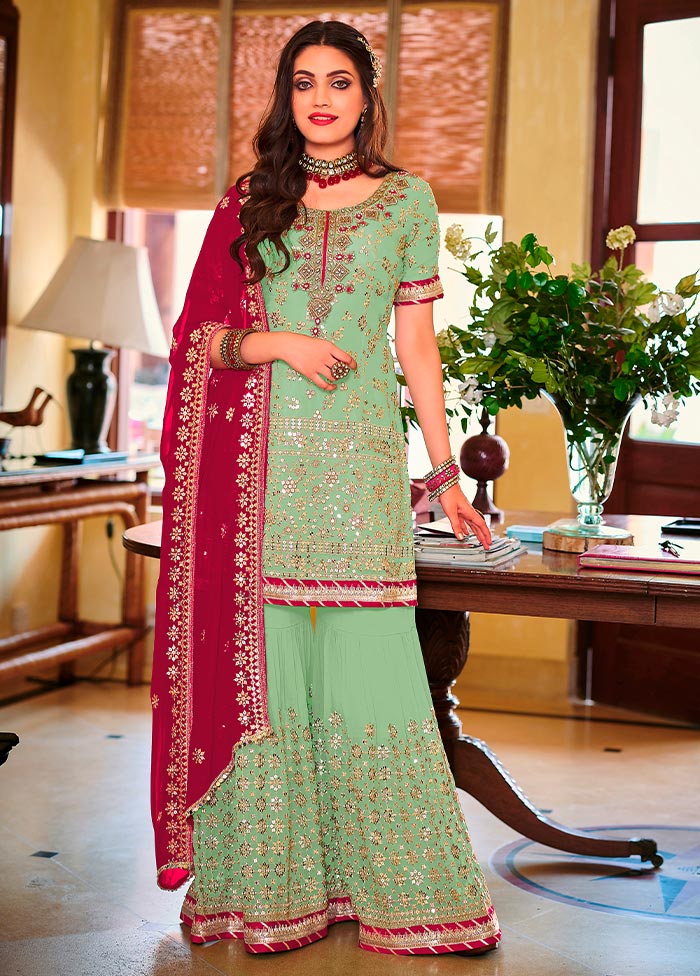 3 Pc Mint Green Semi Stitched Georgette Suit Set Outlet Excellent