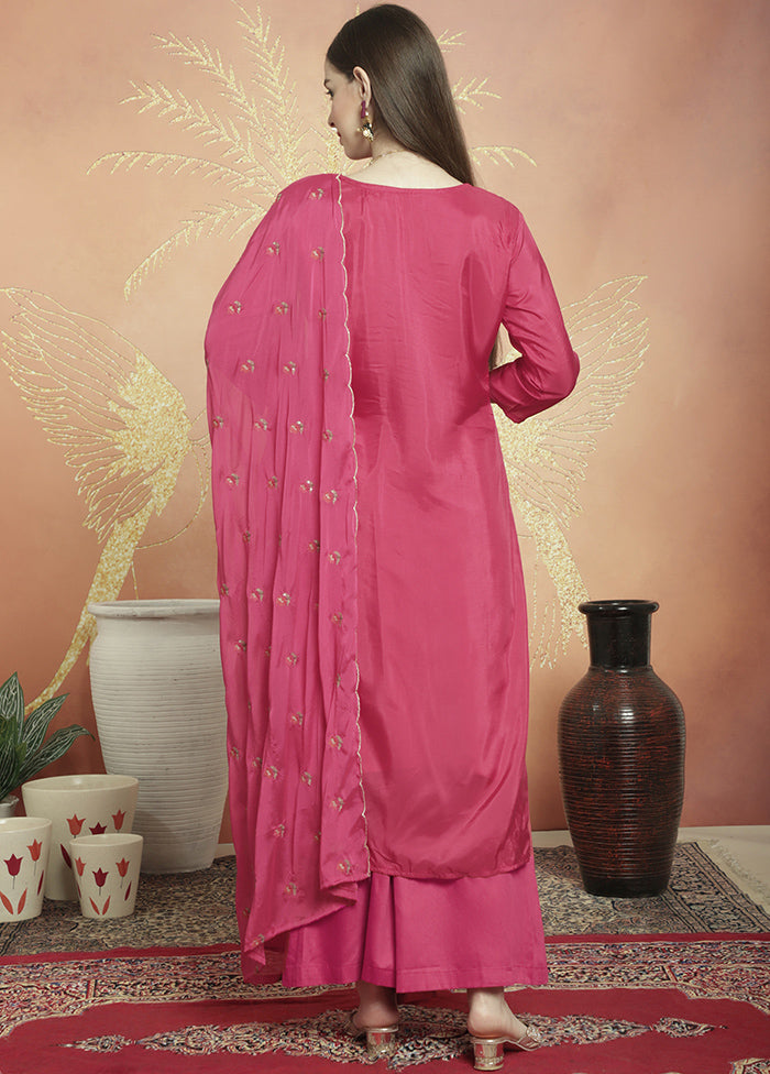 3 Pc Magenta Unstitched Silk Suit Set Sale For Nice