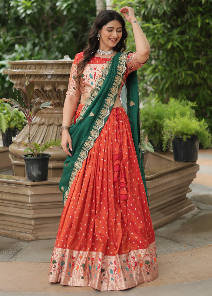 3 Pc Orange Silk Semi Stitched Lehenga Set Good Selling Online