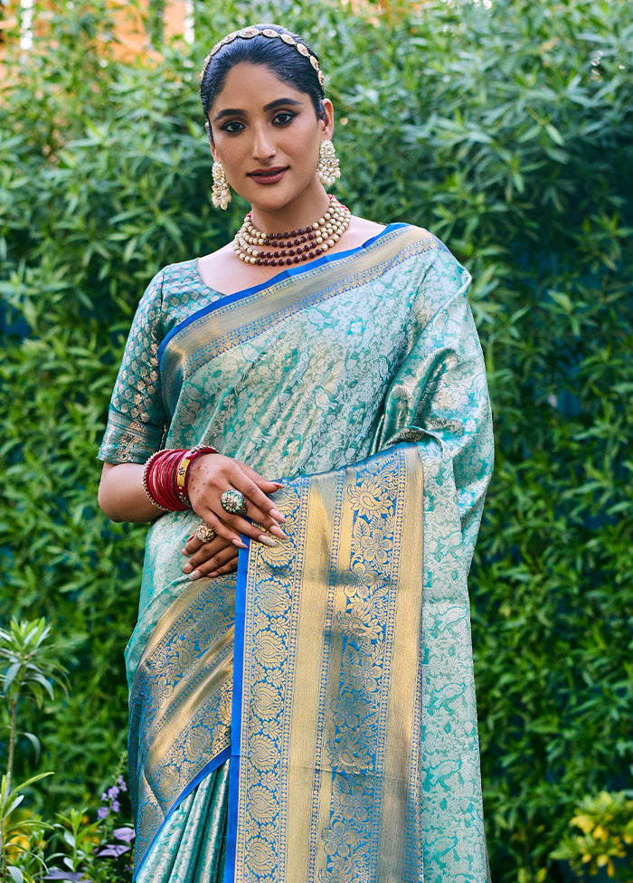 Turquoise Banarasi Silk Saree With Blouse Piece Enjoy Cheap Pice