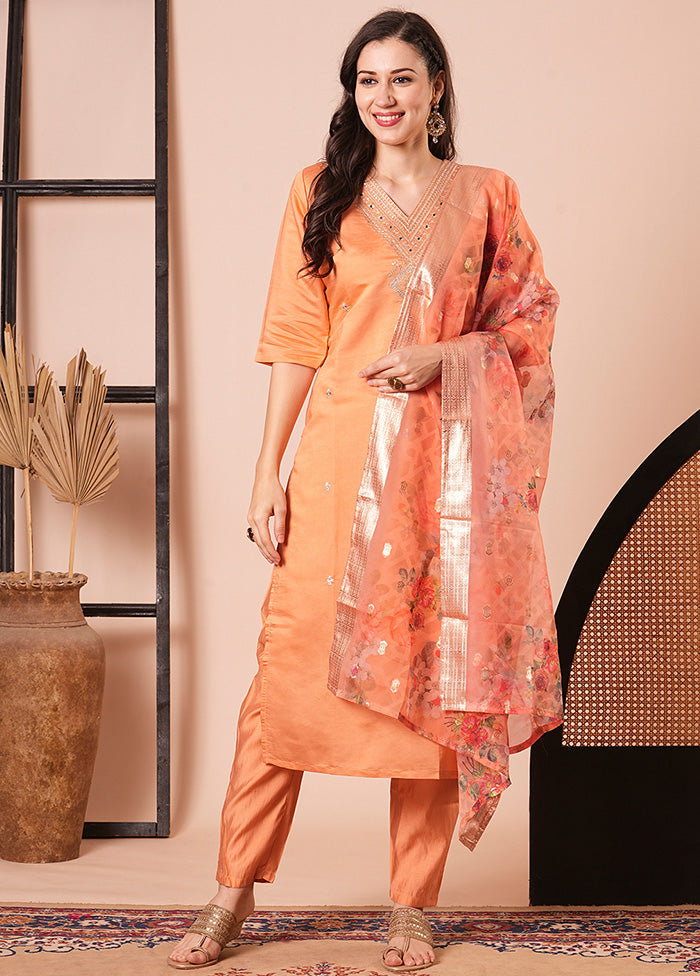 3 Pc Orange Readymade Chanderi Dupatta Suit Set Free Shipping Fake