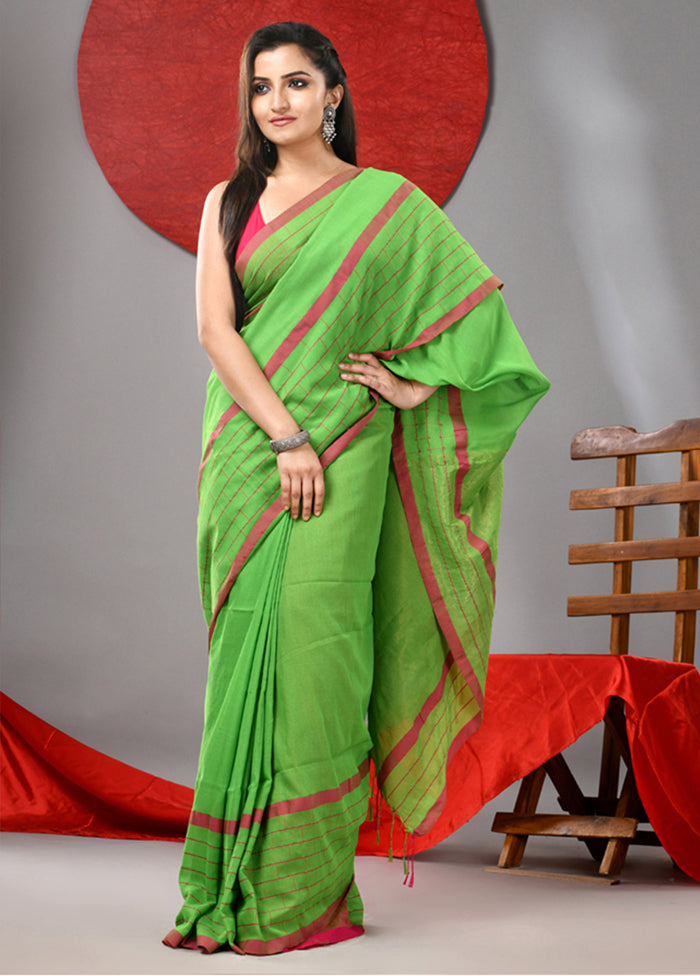 Parrot Green Cotton Saree With Blouse Piece Brand New Unisex