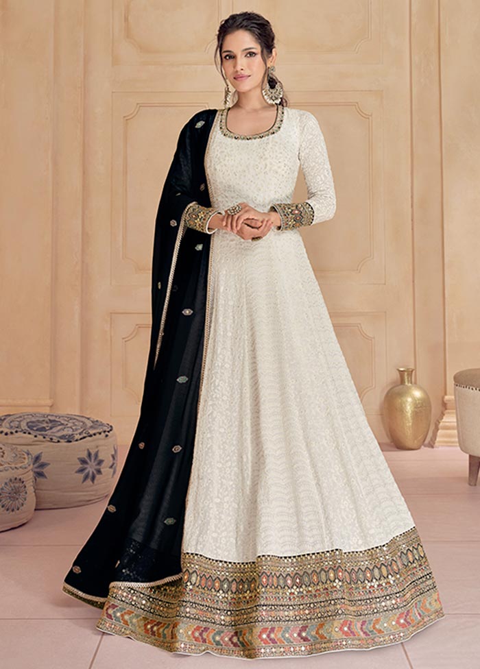 3 Pc White Semi Stitched Georgette Suit Set Clearance Deals