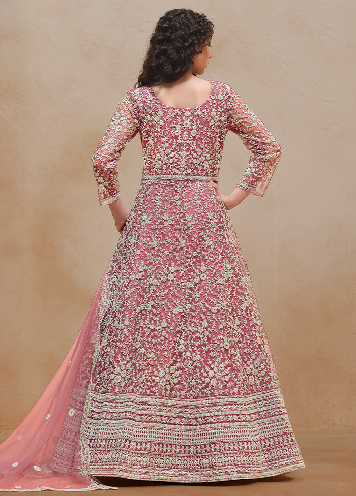 3 Pc Pink Semi Stitched Net Suit Set Low Pice