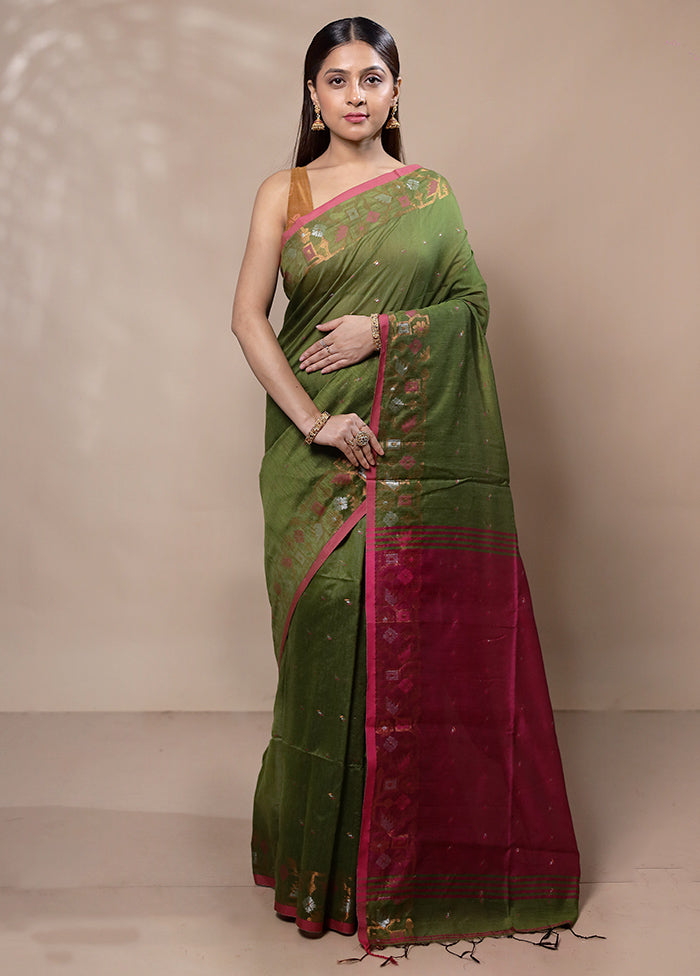 Green Khadi Cotton Saree With Blouse Piece Clearance Original