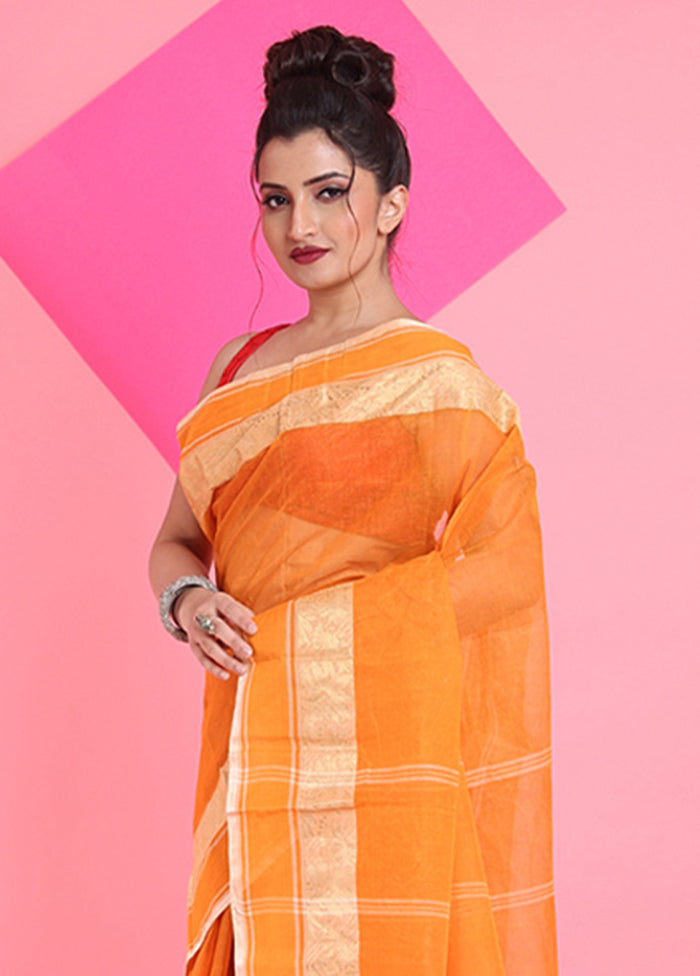 Orange Cotton Woven Work Saree Without Blouse Piece Online Cheap Quality