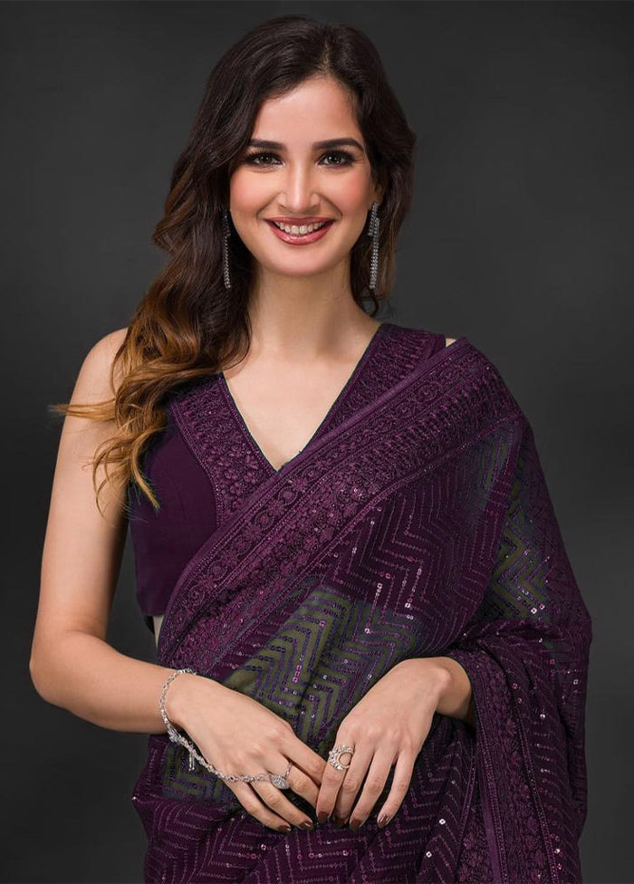 Wine Georgette Saree With Blouse Piece Outlet Low Pice