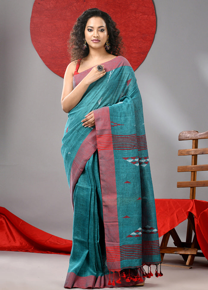 Teal Linen Silk Saree With Blouse Piece Limited Edition Cheap Pice