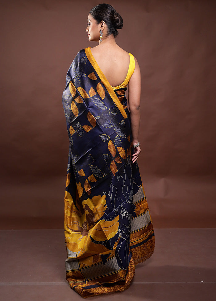 Blue Printed Pure Silk Saree Without Blouse Piece Order Cheap Online