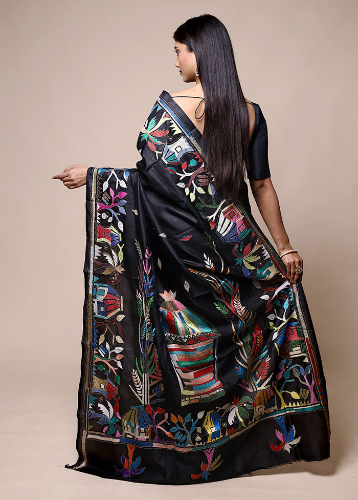 Black Handloom Kantha Stitch Pure Silk Saree With Blouse Piece Get To Buy Cheap Online