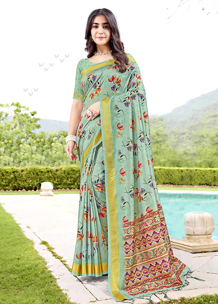 Pista Green Spun Silk Saree With Blouse Piece Cheap Sale Geniue Stockist