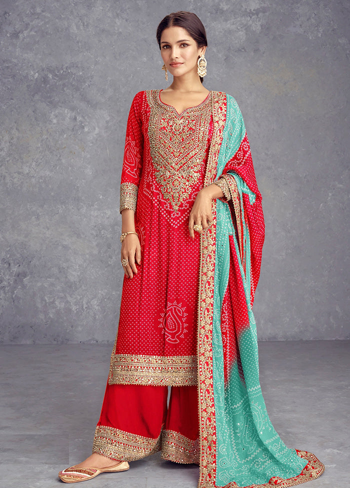 3 Pc Red Semi Stitched Silk Suit Set Online Online Cheap Pice