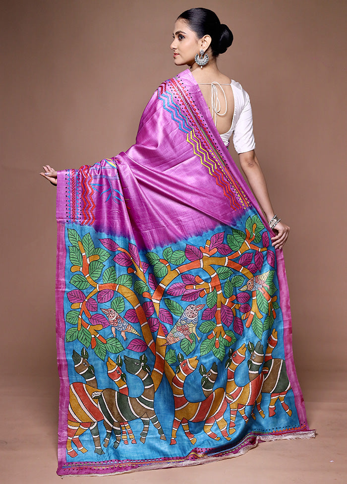 Purple Handloom Kantha Stitch Pure Silk Saree With Blouse Piece Free Shipping Online