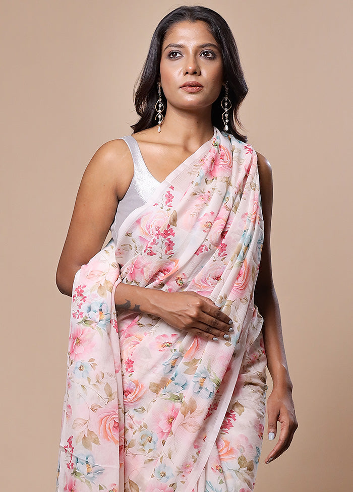 White Handloom Chiffon Pure Silk Saree With Blouse Piece Cheap Sale Wholesale Pice