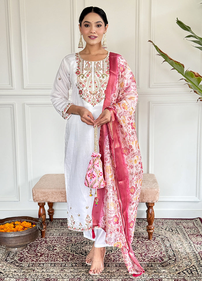 3 Pc White Readymade Chanderi Suit Set Latest Collections Cheap Pice