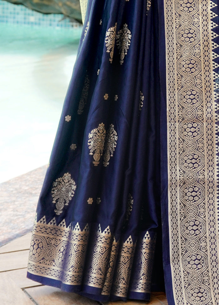 Navy Blue Satin Silk Saree With Blouse Piece Outlet Amazing Pice