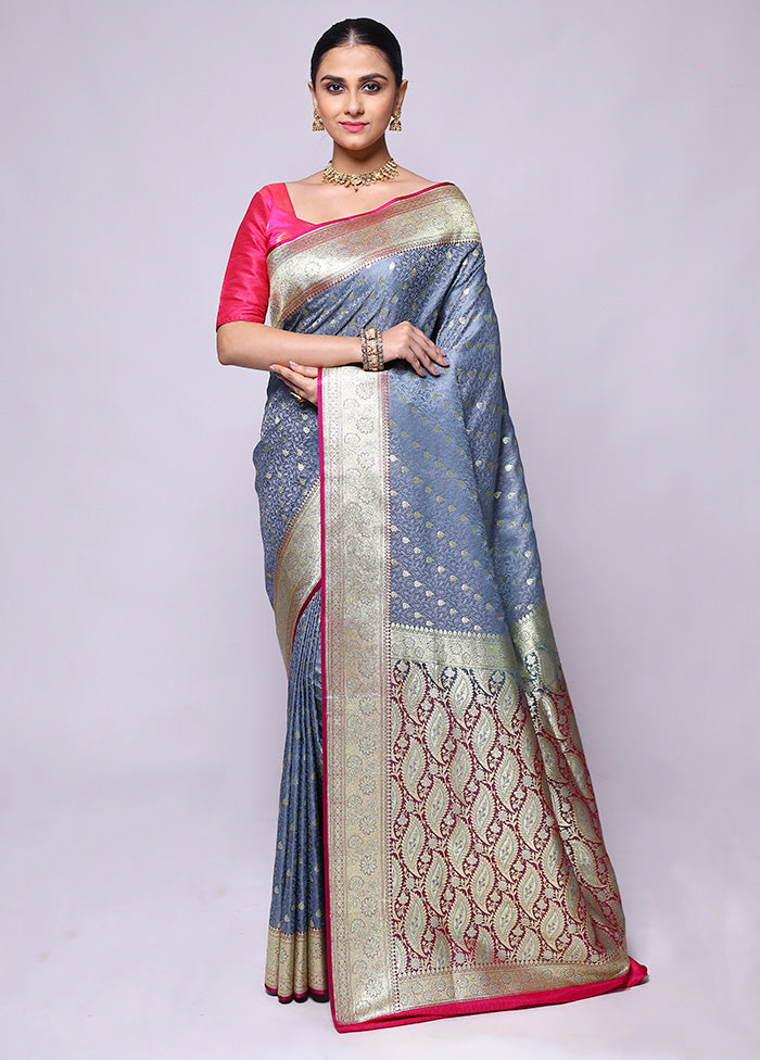 Grey Tanchoi Silk Saree With Blouse Piece Clearance Amazing Pice