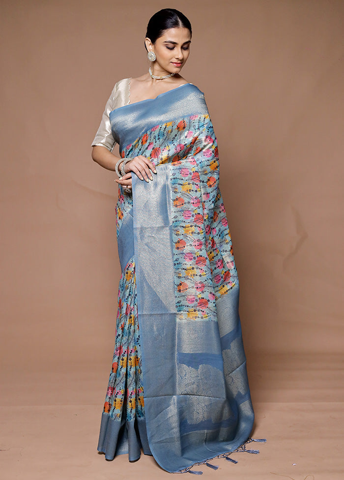 Blue Dupion Silk Saree With Blouse Piece Geniue Stockist