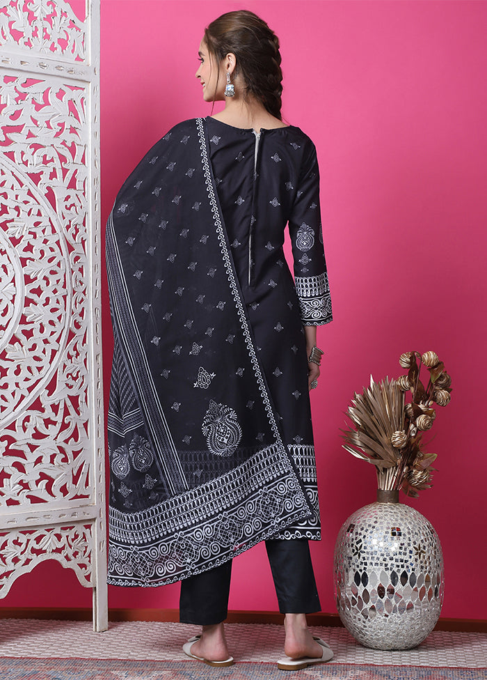 3 Pc Black Semi Stitched Cotton Suit Set Outlet Big Discount