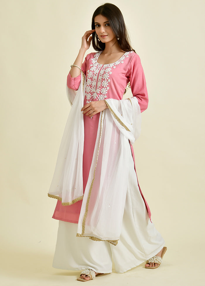 3 Pc Peach Pearl Work Cotton Suit Set With Dupatta Sale Top Quality