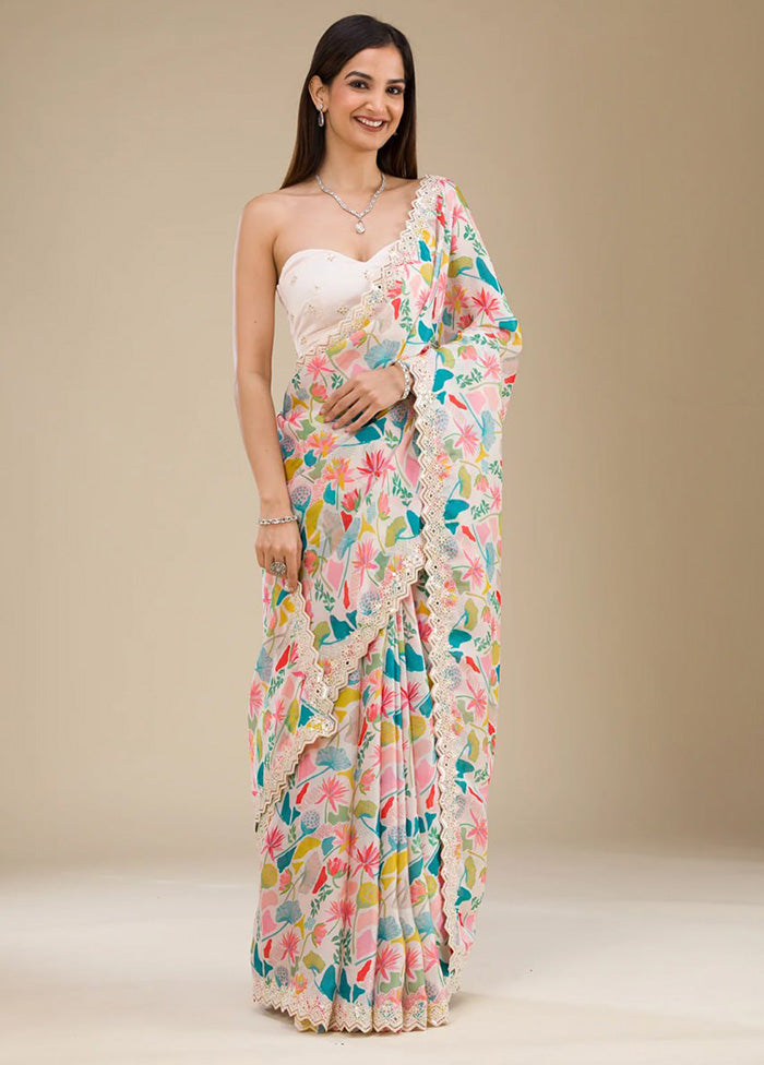 Off White Georgette Saree With Blouse Piece Recommend For Sale