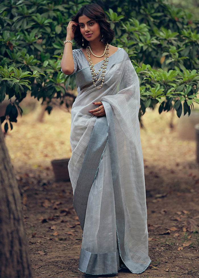 Grey Organza Saree With Blouse Piece Store With Big Discount