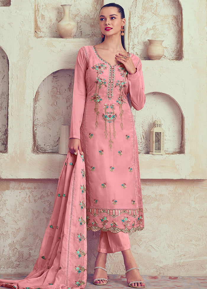 3 Pc Pink Unstitched Net Suit Set Largest Supplier For Sale