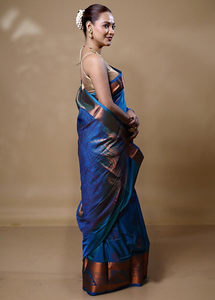 Blue Kanjivaram Silk Saree With Blouse Piece Free Shipping Finishline