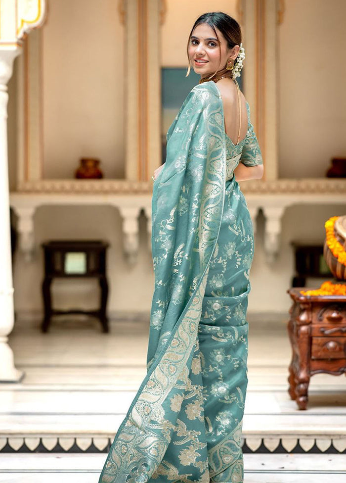 Blue Banarasi Silk Saree With Blouse Piece Real For Sale