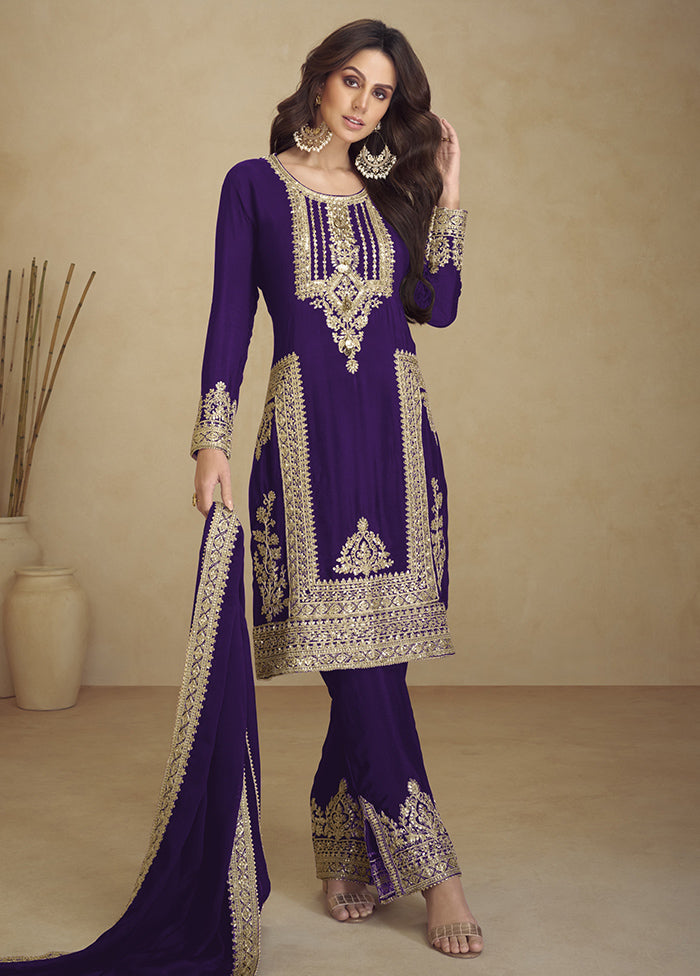 3 Pc Purple Semi Stitched Georgette Suit Set Outlet 2025 Unisex