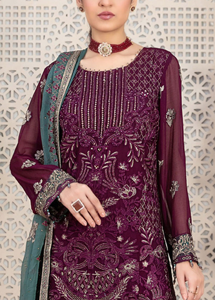 3 Pc Wine Semi Stitched Georgette Suit Set Cheap Sale Best Store To Get