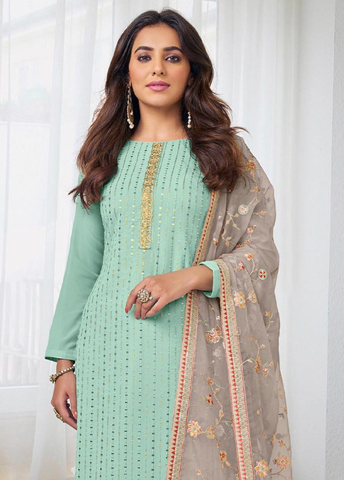 3 Pc Mint Green Semi Stitched Georgette Suit Set Original For Sale