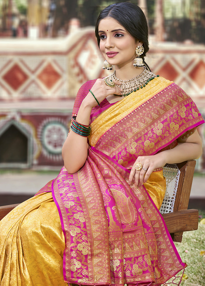 Yellow Spun Silk Saree With Blouse Piece Outlet Pay With Paypal