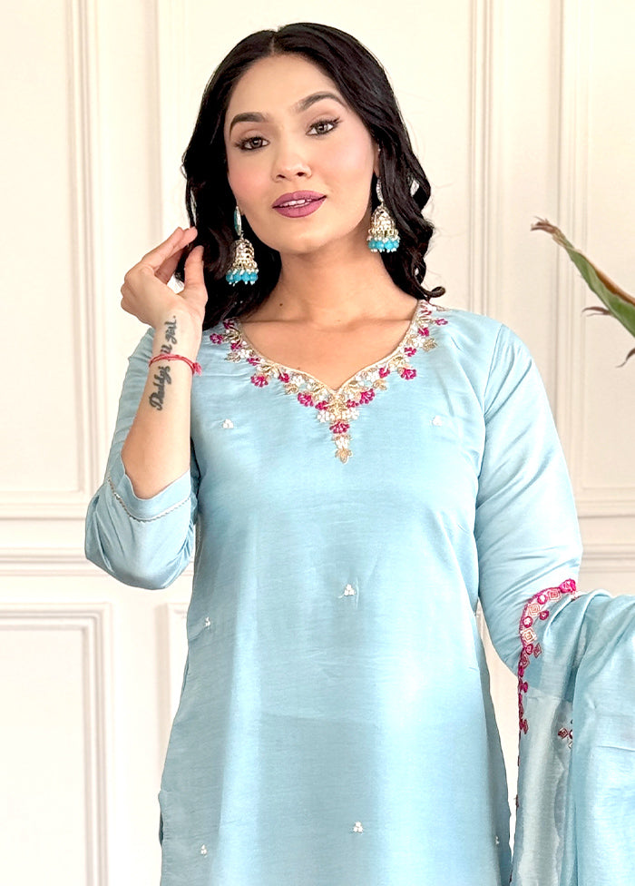 3 Pc Sky Blue Readymade Chanderi Suit Set Sale Lowest Pice