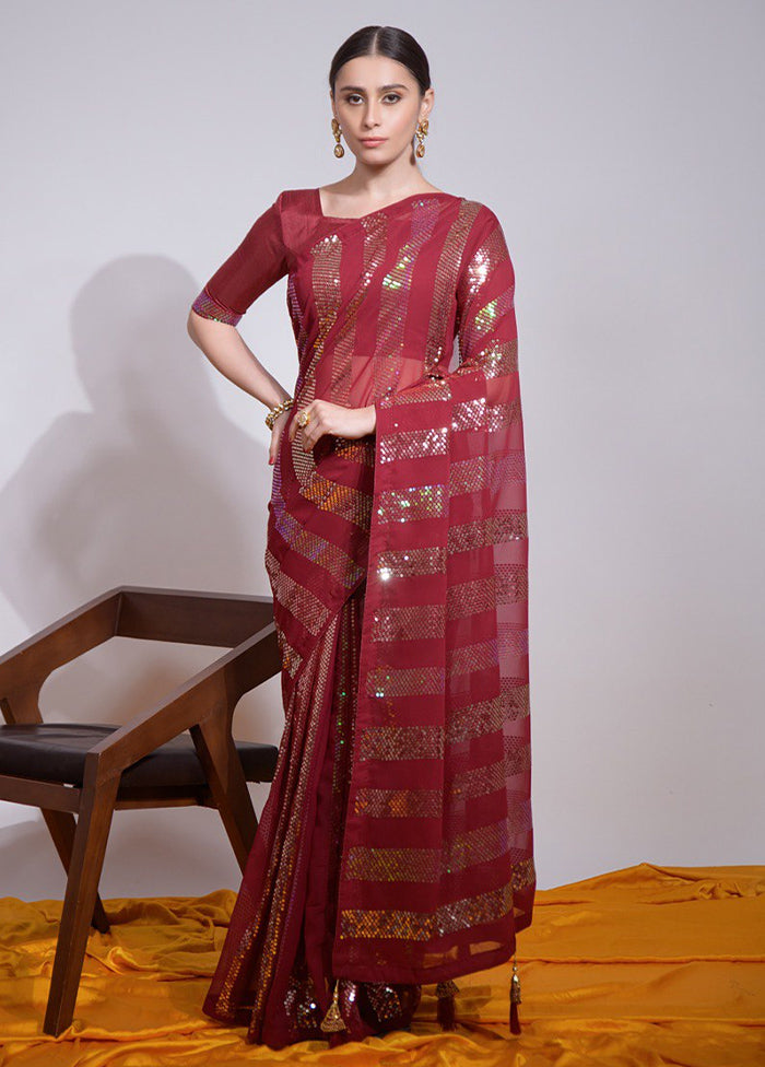 Maroon Georgette Saree With Blouse Piece Cheap Sale 100% Authentic