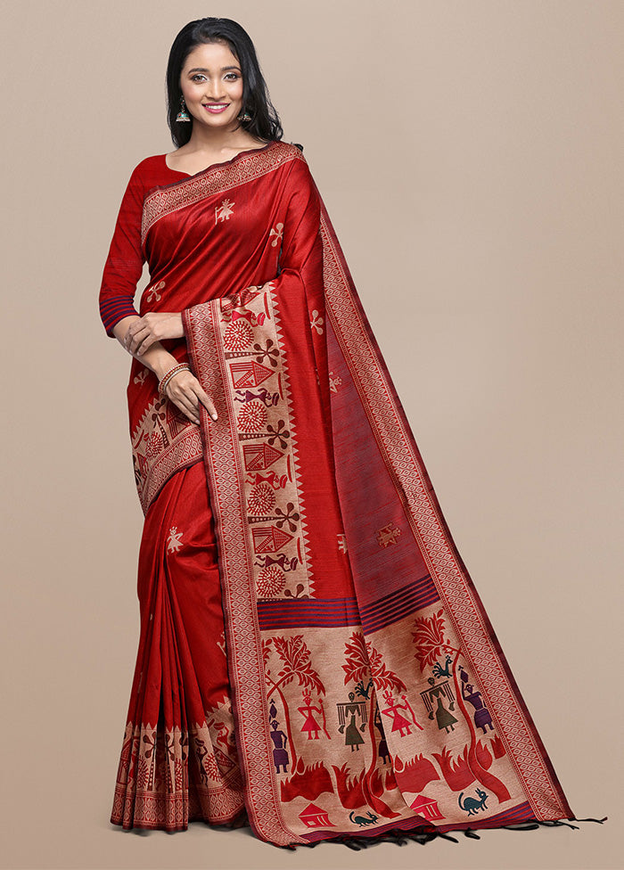 Red Spun Silk Saree With Blouse Piece Inexpensive Sale Online