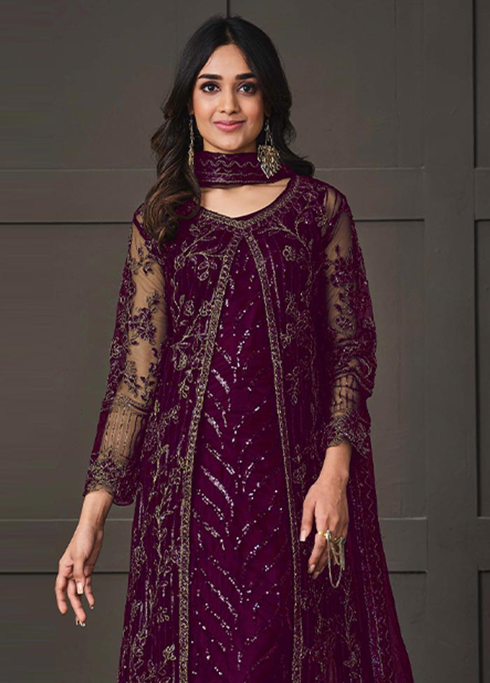 3 Pc Purple Semi Stitched Net Suit Set Websites Cheap Pice