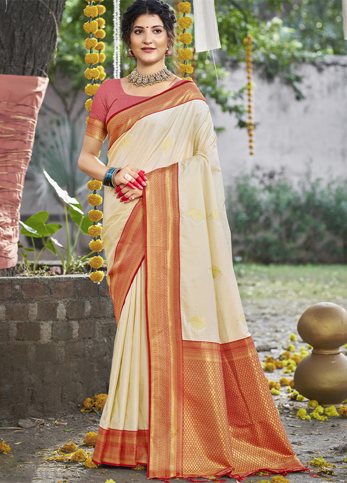 Cream Dupion Silk Saree With Blouse Piece Low Cost