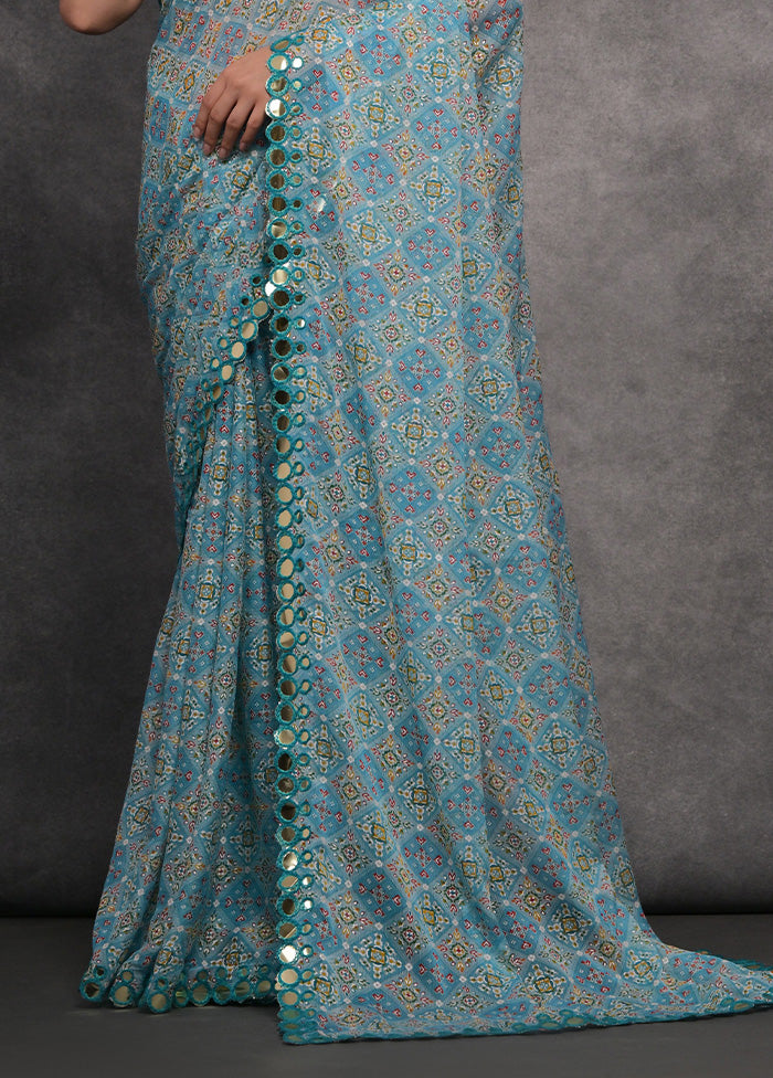 Sky Blue Chiffon Silk Saree With Blouse Piece Latest Collections