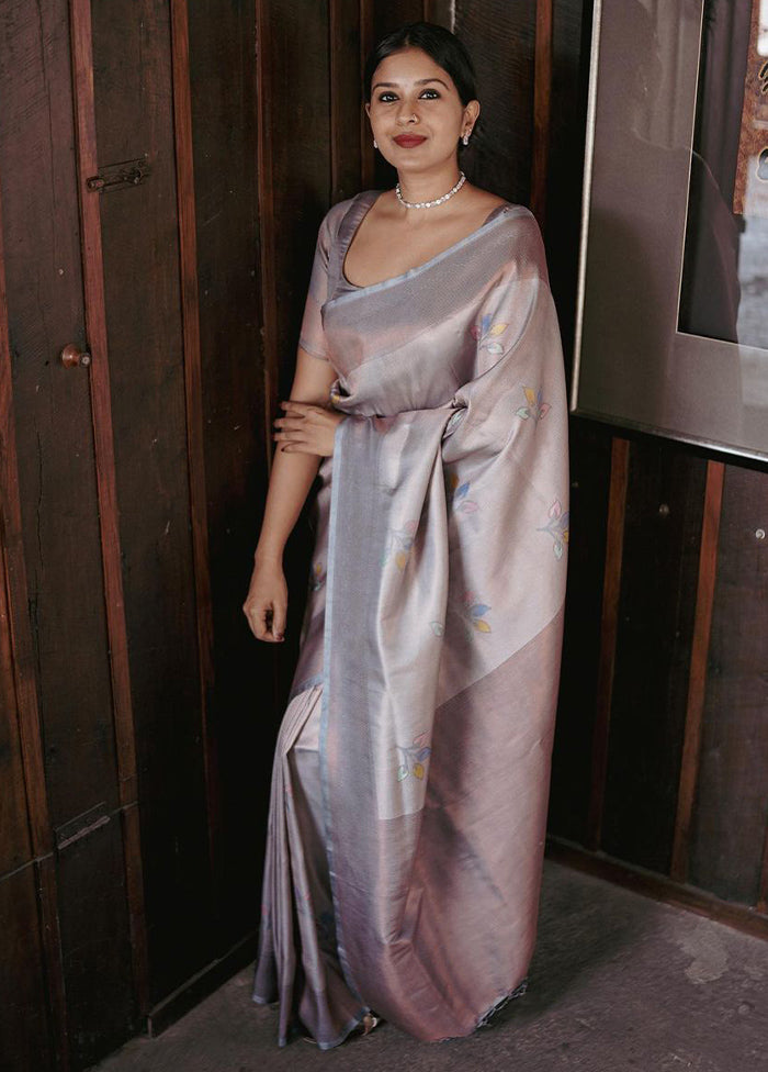 Grey Banarasi Silk Saree With Blouse Piece Visa Payment