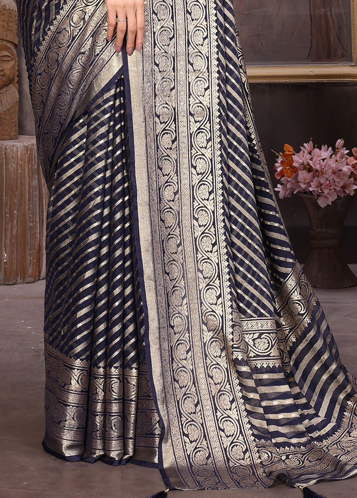 Dark Blue Spun Silk Saree With Blouse Piece Clearance Official