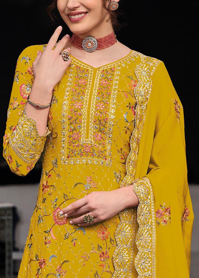 3 Pc Yellow Semi Stitched Silk Suit Set Free Shipping Low Pice Fee Shipping