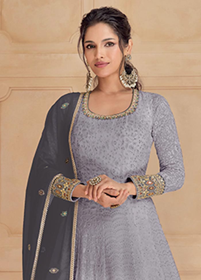 3 Pc Grey Semi Stitched Georgette Suit Set Fast Delivery Online