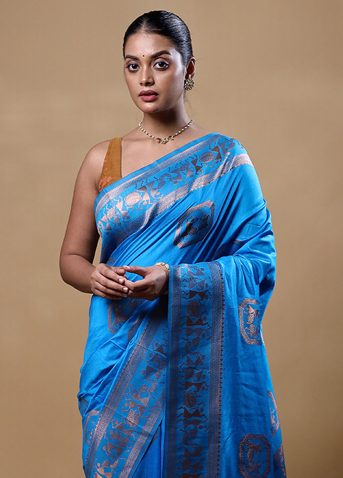 Blue Dupion Silk Saree With Blouse Piece Very Cheap Sale Online