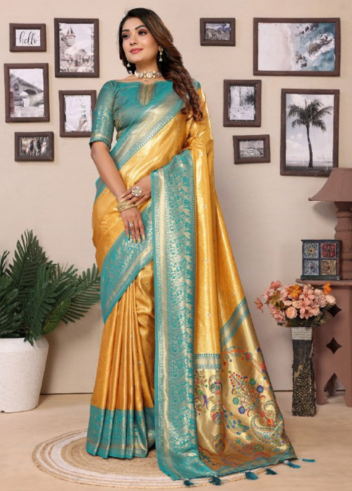 Yellow Banarasi Silk Saree With Blouse Piece Outlet Cheap Quality