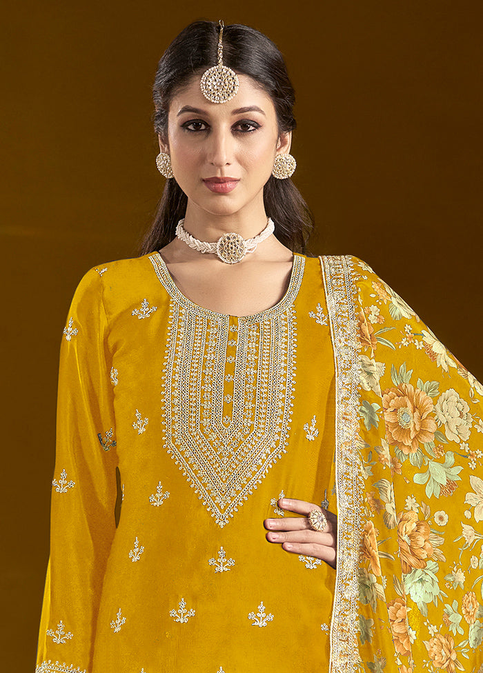 3 Pc Yellow Readymade Silk Dupatta Suit Set Best Wholesale For Sale