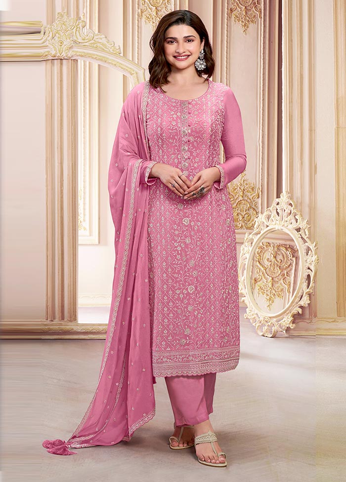 3 Pc Light Pink Semi Stitched Silk Suit Set Clearance Marketable