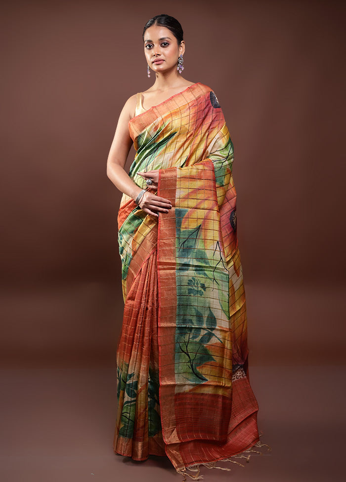 Multicolor Handloom Tussar Pure Silk Saree With Blouse Piece Cheap Finishline