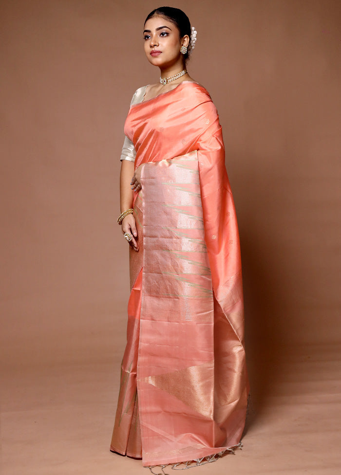 Peach Handloom Kanchipuram Pure Silk Saree With Blouse Piece Finishline Online